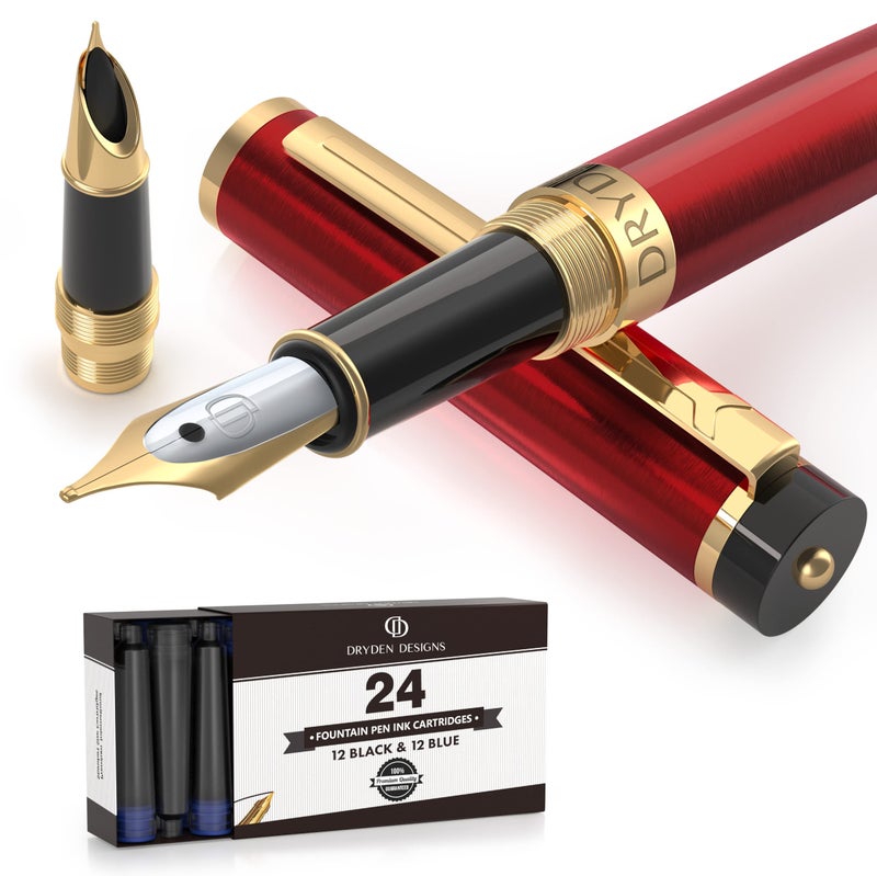 Dryden Designs Fountain Pen - Medium and Fine Nibs | Includes 24 Ink Cartridges and Ink Refill Converter | Calligraphy Pen, Consistent Writing, Smooth Look - Royal Red - Image 1